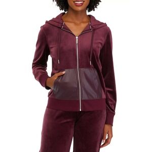 Calvin Klein Velour Zip Up Hoodie Jacket Womens XS Burgundy Faux Leather Pockets